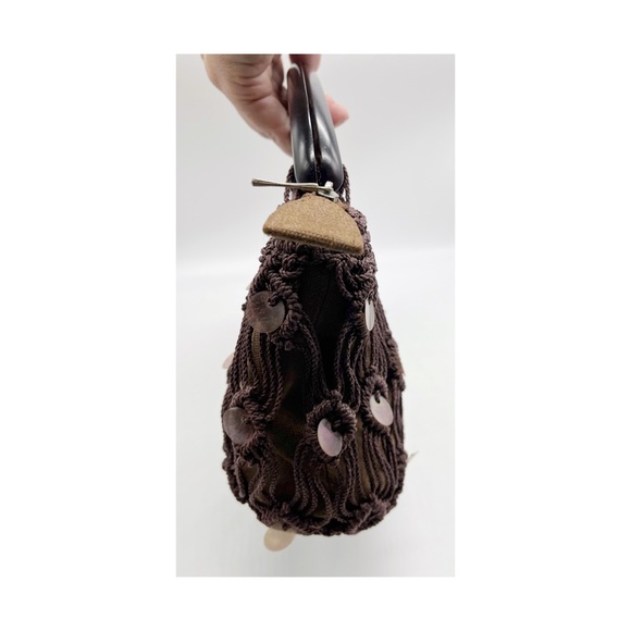 DV Collection Bag Purse Macramé Brown Pailletten Top Zip Wood Handle. - Picture 3 of 5